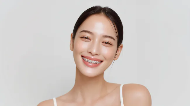ワイヤー矯正をしている笑顔の女性