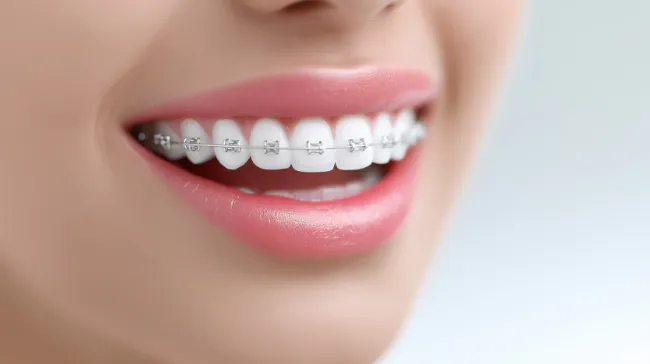 ワイヤー矯正をしている女性の口元