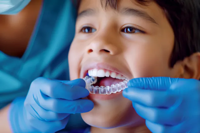 インビザライン・ファーストのマウスピースを装着する様子